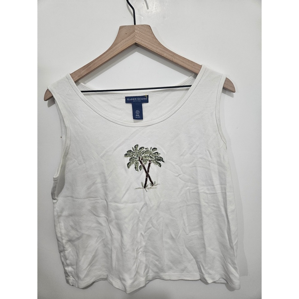 Karen Scott Petites White Cotton Palm Tree Beaded Tank Top PXL Tropical‎ Sleeve
